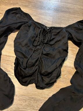 Black Sheer Ruched Tie-Front Blouse